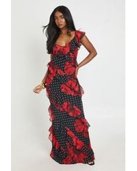 Boohoo - Chiffon Ruffle Floral Polka Dot Maxi Dress - Lyst