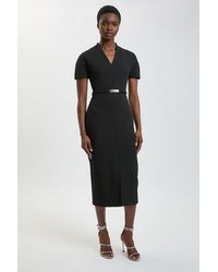 Karen Millen - Compact Stretch Tailored Belted Midi Pencil Dress - Lyst
