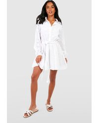 Boohoo - Petite Broderie Belted Skater Shirt Dress - Lyst
