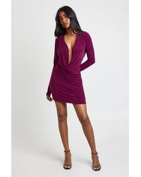 Boohoo - Slinky Plunge Wrap Front Long Sleeve Dress - Lyst