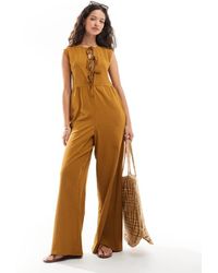 ASOS - Tie Front Wide Leg Jumpsuit - Lyst