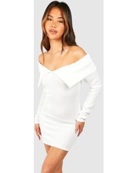 Boohoo - Bardot Heavy Rib Long Sleeve Mini Dress - Lyst