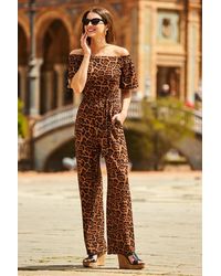 Sosandar - Leopard Print Bardot Wide Leg Jumpsuit With Pockets - Lyst