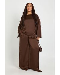Boohoo - Plus Boat Neck Boxy Satin Top And Wide Leg Trousers - Lyst