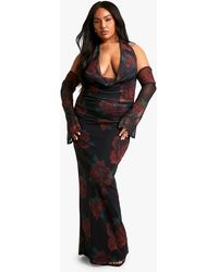Boohoo - Plus Mesh Printed Cowl Neck Ruched Maxi Dress - Lyst