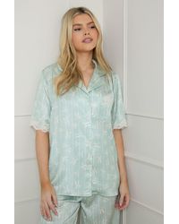 Oasis - Sage Bows Lace Trim Nightwear Trouser Set - Lyst