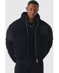 BoohooMAN - Borg & Nylon Funnel Neck Puffer In Black - Lyst