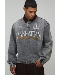 BoohooMAN - Stonewash Embroidered Oversized Varsity Denim Rugby Shirt - Lyst