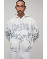 BoohooMAN - Oversized Boxy Spray Graffiti Print Zip Through Hoodie - Lyst
