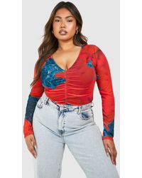 Boohoo - Plus Abstract Mesh Long Sleeve One Piece - Lyst