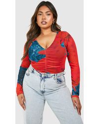 Boohoo - Plus Abstract Mesh Long Sleeve One Piece - Lyst