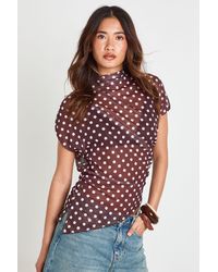 Boohoo - Mesh Polka Dot High Neck Ruched Side Asymmetric Top - Lyst