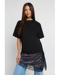 Boohoo - Polka Dot Lace Satin Asymmetric Hem T-Shirt - Lyst