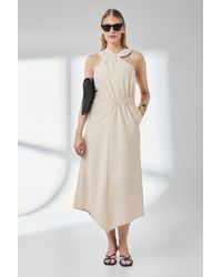 PRINCIPLES - Ruched Detail Linen Asymmetric Hem Halter Midaxi Dress - Lyst