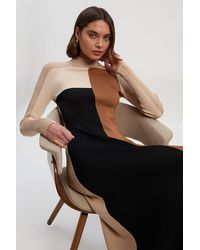 Karen Millen - Slinky Viscose Colour Block Full Skirted Knit Midi Dress - Lyst