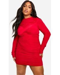 Boohoo - Plus Slinky Twist Detail Ruched Mini Dress - Lyst
