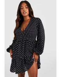 Boohoo - Plus Polka Dot Wrap Balloon Smock Dress - Lyst