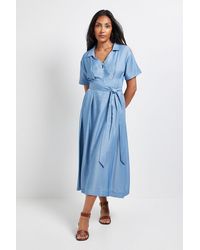 Wallis - Petite Denim Look Zip Belted Midi Dress - Lyst