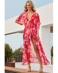 Sosandar - Coral Floral Print Ruffle Front Tie Waist Kaftan - Lyst