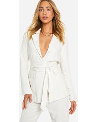 Boohoo - Linen Look Obi Tie Waist Tailored Blazer - Lyst