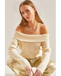 Bianco Lucci - Textured Knitwear Sweater With Madonna Collar - Lyst