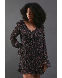Warehouse - Floral Pleated Chiffon V Neck Mini Swing Dress - Lyst