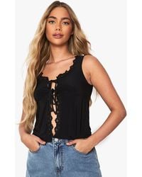 Boohoo - Slinky Lace Trim Tie Front Milmaid Top - Lyst