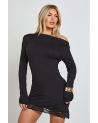 Boohoo - Lace Trim Asymmetric Hem Long Sleeve Top - Lyst