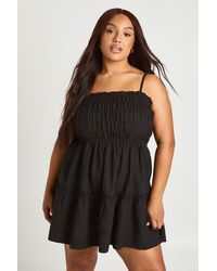 Boohoo - Plus Linen Look Strappy Shirred Tired Smock Dress - Lyst