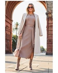 Sosandar - Taupe Belted Button Detail Knitted Midi Dress - Lyst