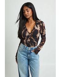 Boohoo - Printed Mesh Ruched Neckline Long Sleeve Bodysuit - Lyst