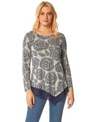 Roman - Rose Print Chiffon Hem Top - Lyst
