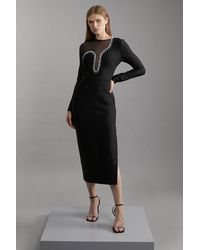 Karen Millen - Figure Form Bandage Mesh Detail Asymmetric Trim Midi Dress - Lyst