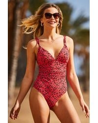 Sosandar - Coral Leopard Print Body Sculpting Ruched Detail Swimsuit - Lyst