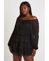 Boohoo - Plus Blouson Tie Front Bardot Chiffon Playsuit - Lyst