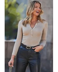 Sosandar - Champagne Metallic Collared Knit Top Leather - Lyst