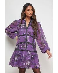 Oasis - Printed Embellished Trim Detail Chiffon Mini Dress - Lyst