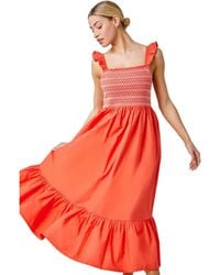 D.u.s.k - Frill Detail Shirred Stretch Midi Dress - Lyst