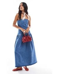 ASOS - Cinch Waist Bandeau Denim Midi Dress With Dropped - Lyst