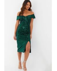 Quiz - Green Sequin Bardot Split Midi Dress - Lyst