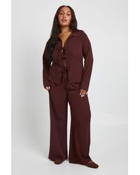 Boohoo - Plus Tie Front Detail Long Sleeve Top And Wide Leg Trouser Co Ord - Lyst