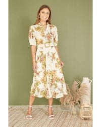 Yumi' - Premium Ivory Floral Print Broderie Anglaise Cotton Midi Shirt Dress With Matching Belt - Lyst