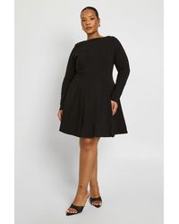Boohoo - Plus Bengaline Pleated Long Sleeve Skater Dress - Lyst