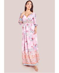 Goddiva - Chiffon Wrap Border Floral Print Maxi Dress - Lyst