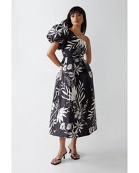 Warehouse - Satin Twill Printed Puff Sleeve Midi Dress - Lyst