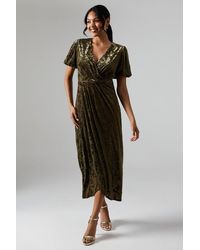 Debut London - By Coast Puff Sleeve Wrap Skirt Devore Midi Dress - Lyst