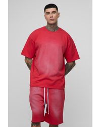 BoohooMAN - Tall Ofcl Applique Spray Wash T-Shirt & Oversized Drop Crotch Short Set - Lyst