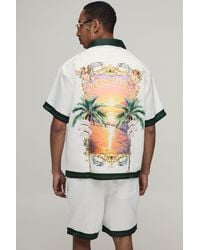 BoohooMAN - Oversized Half Sleeve Location Print Satin Shirt & Short Set - Lyst
