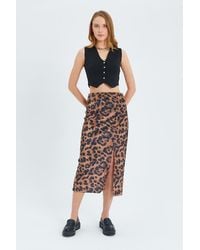 MixRay - Leopard Print High Waist Midi Skirt With Slit - Lyst