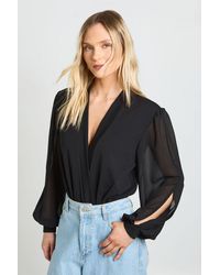 Boohoo - Petite Wrap Chiffon Sleeve Bodysuit - Lyst